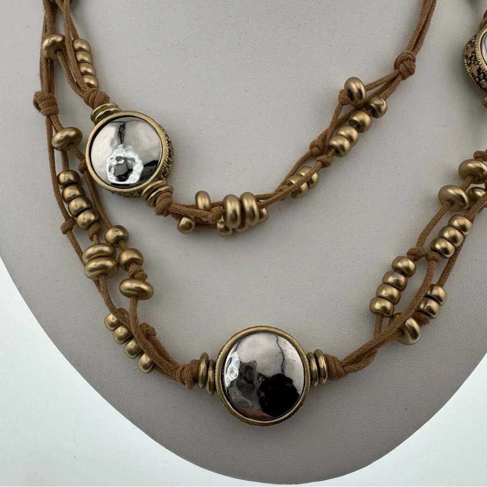 Chico's Tan and Gold Beaded Necklace on a Tan Leather Strap long EUC - Picture 2 of 10